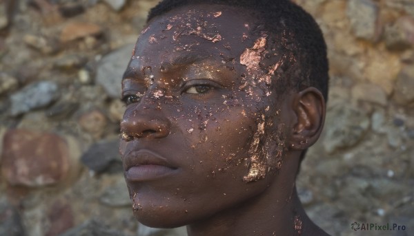 solo,looking at viewer,short hair,black hair,1boy,brown eyes,male focus,parted lips,dark skin,blurry,black eyes,lips,blurry background,dark-skinned male,portrait,realistic,very short hair,photo background,buzz cut,closed mouth,close-up,bald,very dark skin