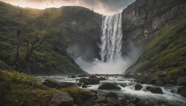 outdoors, sky, cloud, water, tree, no humans, nature, scenery, forest, rock, mountain, river, waterfall, landscape, cliff