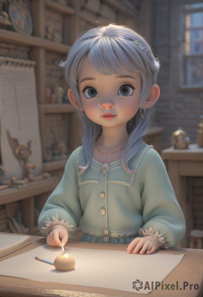 1girl,solo,long hair,looking at viewer,blush,smile,bangs,blue eyes,shirt,hair ornament,long sleeves,dress,jewelry,closed mouth,blue hair,upper body,white hair,grey hair,heart,earrings,food,hairclip,indoors,necklace,blurry,black eyes,lips,grey eyes,book,eyelashes,window,buttons,fruit,depth of field,blurry background,blue dress,swept bangs,chair,stuffed toy,table,stuffed animal,child,desk,freckles,paper,nose,female child,pencil,shelf,pearl necklace,drawing,heart necklace,writing,sitting,puffy sleeves,aged down,blouse,puffy long sleeves,toy