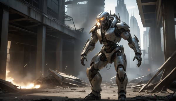 HQ,solo,1boy,standing,outdoors,military,no humans,glowing,fire,robot,building,mecha,glowing eyes,smoke,science fiction,city,realistic,military vehicle,cable,open hand,ruins,damaged,open hands,embers,weapon,orange eyes,ground vehicle,motor vehicle,1other,power armor,dust