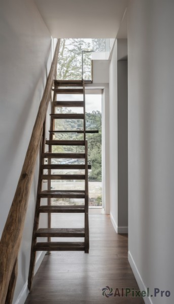 day,indoors,tree,no humans,window,chair,curtains,scenery,reflection,wooden floor,painting (object),reflective floor,plant,railing,wall,ceiling