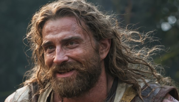 solo,long hair,looking at viewer,blonde hair,brown hair,shirt,1boy,closed mouth,upper body,male focus,outdoors,armor,blurry,grey eyes,depth of field,blurry background,facial hair,scar,messy hair,portrait,beard,curly hair,realistic,mustache,manly,smile,green eyes,white shirt,day,bag,lips,floating hair,sunlight,backpack,scar on face,veins,nose,scar across eye,looking afar,bokeh