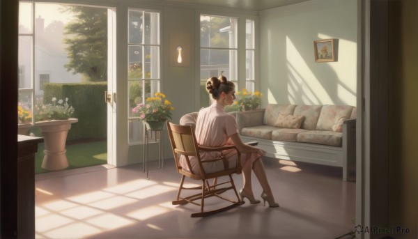 1girl,solo,short hair,skirt,brown hair,shirt,black hair,holding,sitting,closed mouth,white shirt,flower,short sleeves,shoes,day,socks,indoors,hair bun,from behind,black footwear,high heels,tree,pillow,book,window,bed,profile,shadow,chair,phone,table,sunlight,single hair bun,plant,scenery,couch,door,potted plant,photo (object),wide shot,picture frame,armchair,painting (object),picture (object),double bun