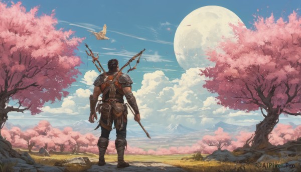 solo,1boy,holding,standing,weapon,male focus,boots,outdoors,sky,day,pants,sword,cloud,from behind,holding weapon,armor,tree,blue sky,petals,bird,animal,moon,helmet,grass,polearm,cherry blossoms,shoulder armor,gauntlets,scenery,full moon,pauldrons,spear,mountain,branch,vambraces,facing away,weapon on back,short hair,gloves,full body,brown footwear,black pants,brown gloves,fantasy,brown pants,wide shot