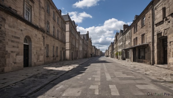 outdoors,sky,day,cloud,tree,blue sky,no humans,window,shadow,cloudy sky,building,scenery,city,door,road,wall,house,street,bird,pavement,vanishing point