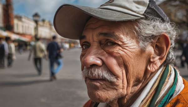 solo,looking at viewer,1boy,hat,closed mouth,white hair,grey hair,male focus,outdoors,multiple boys,solo focus,day,blurry,depth of field,blurry background,facial hair,white headwear,portrait,beard,realistic,mustache,bald,manly,old,old man,crowd,wrinkled skin,sky,signature,black eyes,grey eyes,veins,nose