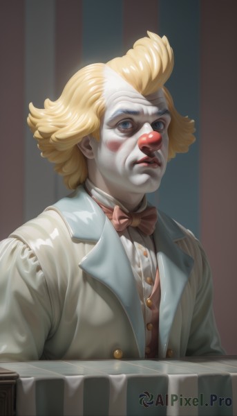 solo,looking at viewer,short hair,blue eyes,blonde hair,shirt,1boy,bow,jacket,white shirt,upper body,male focus,parted lips,teeth,shiny,artist name,bowtie,lips,buttons,formal,table,suit,realistic,nose,red lips,facepaint,clown