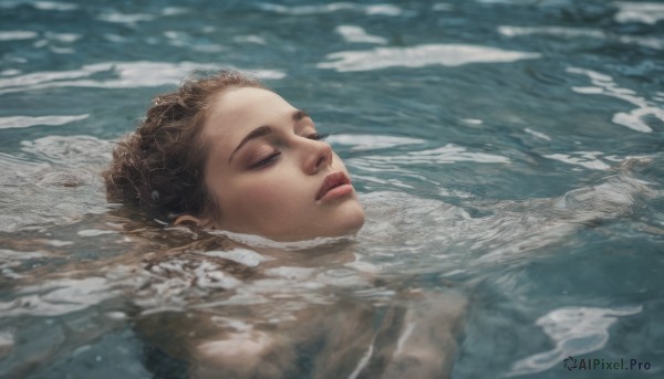 1girl, solo, brown hair, closed mouth, closed eyes, nude, water, lips, ocean, partially submerged, realistic, nose, waves