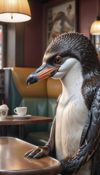 sitting,indoors,blurry,from side,cup,no humans,depth of field,blurry background,bird,animal,chair,table,teacup,realistic,lamp,animal focus,saucer,coffee,restaurant,solo,looking at viewer,closed mouth,feathers,colored sclera,disposable cup,painting (object),talons,beak,cafe