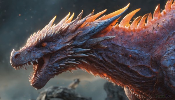 solo,open mouth,red eyes,outdoors,horns,sky,teeth,blurry,from side,no humans,blurry background,fangs,sharp teeth,spikes,monster,dragon,scales,orange eyes,depth of field,slit pupils,flying