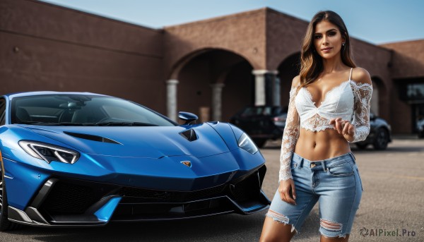 1girl,solo,long hair,breasts,looking at viewer,brown hair,shirt,navel,cleavage,brown eyes,jewelry,medium breasts,underwear,earrings,outdoors,day,midriff,pants,dark skin,off shoulder,blurry,dark-skinned female,lips,crop top,torn clothes,blurry background,denim,ground vehicle,motor vehicle,jeans,realistic,car,cutoffs,vehicle focus,torn pants,sports car,torn jeans,large breasts,panties,mole,ring,lace,open fly