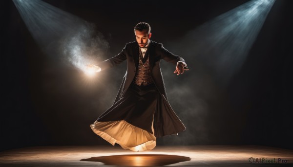 solo,looking at viewer,short hair,shirt,black hair,long sleeves,1boy,dress,bow,standing,full body,white shirt,male focus,bowtie,vest,coat,shadow,glowing,facial hair,formal,beard,black coat,mustache,magic,light,dark,dancing,spotlight,stage lights,parody,suit,light rays,realistic,black suit,stage,tuxedo