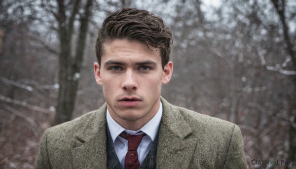 solo,looking at viewer,short hair,blue eyes,brown hair,shirt,black hair,1boy,jacket,white shirt,upper body,male focus,outdoors,necktie,collared shirt,blurry,black eyes,vest,tree,lips,blurry background,facial hair,formal,suit,red necktie,nature,snow,forest,snowing,realistic,stubble,photo background,closed mouth,parted lips,depth of field,expressionless,portrait,brown jacket,brown coat