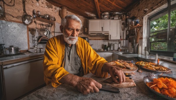 solo,1boy,sitting,closed mouth,jacket,closed eyes,white hair,grey hair,male focus,food,indoors,window,facial hair,scar,chair,table,bottle,knife,beard,plate,realistic,mustache,old,old man,cooking,kitchen,frying pan,sink,wrinkled skin,cutting board,tongs,japanese clothes,tree,grey eyes,towel,bowl,bread,stove