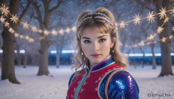 A serene snowy outdoors featuring a female