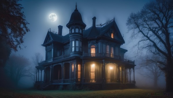 outdoors,sky,cloud,tree,no humans,window,night,moon,grass,building,nature,night sky,scenery,full moon,forest,architecture,house,bare tree,fog,door,tower,moonlight,path,arch