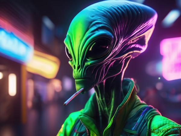 solo,1boy,jacket,upper body,male focus,teeth,blurry,night,blurry background,colored skin,mouth hold,sharp teeth,smoke,science fiction,monster,cigarette,city,smoking,alien,cyberpunk,neon lights,outdoors,vest,no humans,depth of field,city lights