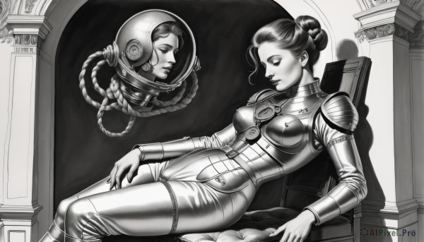 1girl,solo,breasts,medium breasts,sitting,monochrome,closed eyes,greyscale,hair bun,armor,lips,bodysuit,makeup,single hair bun,helmet,skin tight,science fiction,mirror,realistic,reclining,pillar,throne,statue,spacesuit,space helmet,astronaut,multiple girls,2girls