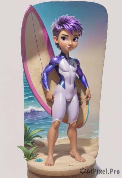 1girl,solo,looking at viewer,smile,short hair,1boy,holding,standing,purple eyes,swimsuit,full body,purple hair,flower,male focus,small breasts,outdoors,barefoot,dark skin,water,covered nipples,dark-skinned female,lips,bodysuit,covered navel,ocean,beach,thick eyebrows,skin tight,sand,very short hair,undercut,waves,surfboard,wetsuit,watermark,plant,web address,male child