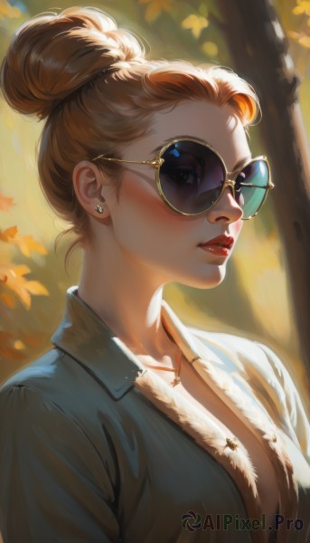 1girl,solo,breasts,looking at viewer,short hair,brown hair,shirt,cleavage,jewelry,medium breasts,collarbone,upper body,earrings,outdoors,parted lips,open clothes,glasses,day,collared shirt,necklace,hair bun,blurry,tree,lips,eyelashes,open shirt,makeup,blurry background,leaf,sunlight,single hair bun,sunglasses,lipstick,backlighting,nose,round eyewear,red lips,stud earrings,autumn leaves,tinted eyewear,dappled sunlight,hair pulled back,autumn,updo,blue eyes,large breasts,jacket,nature,forehead,forest,yellow-framed eyewear