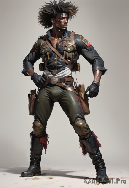 solo,brown hair,black hair,gloves,1boy,standing,jacket,full body,weapon,male focus,boots,black gloves,belt,pants,dark skin,hand on hip,gun,military,tattoo,muscular,dark-skinned male,handgun,holster,very dark skin,american flag,dreadlocks,afro,union jack,holstered weapon,shirt,open clothes,uniform,military uniform,sleeves rolled up,facepaint,knee pads,leather,thigh holster,leather jacket,patch,walkie-talkie