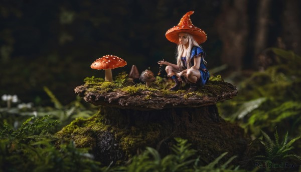 1girl,solo,long hair,breasts,bangs,blonde hair,hat,dress,cleavage,sitting,closed mouth,short sleeves,boots,outdoors,blurry,tree,witch hat,depth of field,blurry background,blue dress,brown footwear,sunlight,squatting,grass,plant,nature,scenery,red headwear,forest,blue footwear,light rays,witch,mushroom,moss,tree stump,log,looking at viewer,skirt,holding,white hair,black eyes,blue shirt,rock