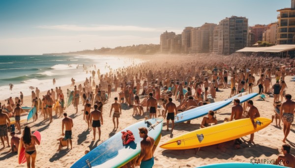 multiple girls,swimsuit,outdoors,multiple boys,sky,day,cloud,water,bird,ocean,6+girls,beach,building,scenery,6+boys,innertube,dog,city,sand,everyone,flag,horse,male swimwear,crowd,swim trunks,surfboard,long hair,black hair,hat,bikini,blue sky,umbrella,walking,topless male,cityscape,watercraft,boat,swim briefs,footprints