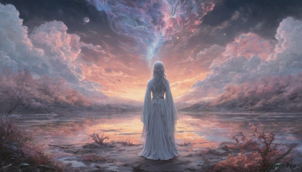 1girl,solo,long hair,long sleeves,dress,standing,white hair,outdoors,sky,cloud,wide sleeves,water,from behind,white dress,tree,moon,cloudy sky,star (sky),scenery,starry sky,reflection,sunset,fantasy,arms at sides,facing away,planet,signature,bird,plant,full moon,robe,horizon,wide shot,ripples,white robe