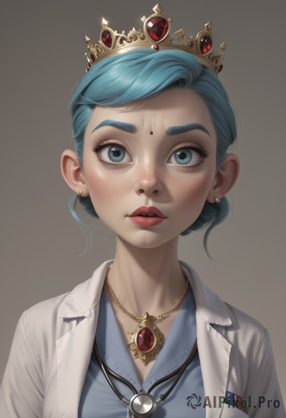 1girl,solo,looking at viewer,short hair,blue eyes,simple background,shirt,jewelry,blue hair,jacket,upper body,earrings,parted lips,open clothes,teeth,grey background,necklace,hair bun,lips,eyelashes,aqua hair,makeup,facial mark,single hair bun,white jacket,tiara,crown,gem,portrait,pendant,eyeshadow,freckles,brown background,forehead mark,labcoat,bangs,blue shirt,lipstick,realistic,nose,red lips,red gemstone