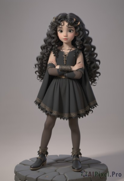 1girl,solo,long hair,looking at viewer,simple background,black hair,hair ornament,dress,brown eyes,jewelry,closed mouth,standing,collarbone,full body,pantyhose,earrings,detached sleeves,horns,shoes,sleeveless,grey background,necklace,cape,nail polish,black footwear,black eyes,black dress,flat chest,lips,grey eyes,black pantyhose,frown,wavy hair,crossed arms,child,black nails,curly hair,arm warmers,female child,gothic,black theme,white background,very long hair,cross