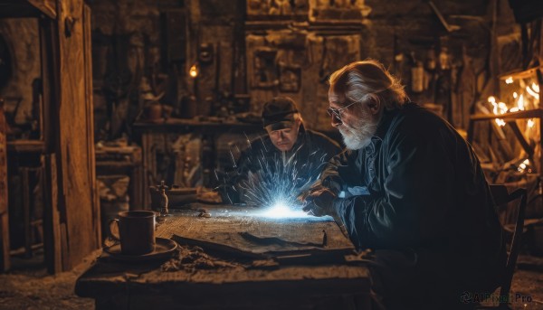 short hair,blonde hair,brown hair,black hair,gloves,long sleeves,hat,sitting,closed eyes,male focus,multiple boys,indoors,2boys,fingerless gloves,blurry,cup,black headwear,mask,facial hair,chair,table,fire,veil,beard,robe,mug,mustache,magic,lamp,candle,dark,black robe,wooden table,holding,white hair,grey hair,glasses,eyepatch,old,smoking pipe,old man,wrinkled skin