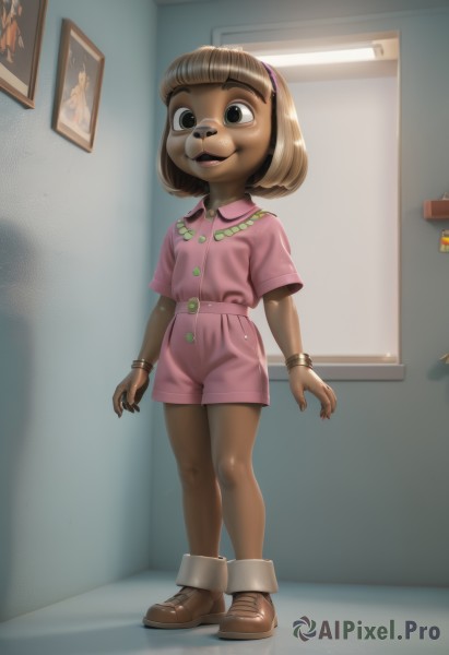 1girl,solo,looking at viewer,smile,short hair,open mouth,bangs,blonde hair,brown hair,shirt,dress,animal ears,brown eyes,jewelry,standing,full body,short sleeves,hairband,boots,shoes,shorts,teeth,shiny,collared shirt,belt,artist name,indoors,signature,dark skin,blunt bangs,black eyes,flat chest,bracelet,dark-skinned female,short shorts,buttons,brown footwear,happy,child,pink dress,dog ears,furry,pocket,pink shirt,door,furry female,arms at sides,dog girl,female child,animal nose,pink shorts,buck teeth,shiny skin,upper teeth only,bob cut,photo (object),painting (object)