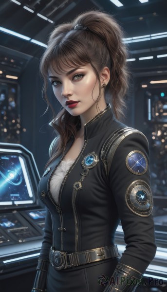 1girl,solo,long hair,breasts,looking at viewer,bangs,brown hair,gloves,long sleeves,cleavage,brown eyes,jewelry,medium breasts,standing,jacket,upper body,ponytail,earrings,belt,indoors,blurry,lips,bodysuit,makeup,blurry background,high ponytail,lipstick,zipper,science fiction,realistic,nose,unzipped,red lips,stud earrings,leather,badge,monitor,closed mouth,artist name,signature,uniform,black jacket,emblem