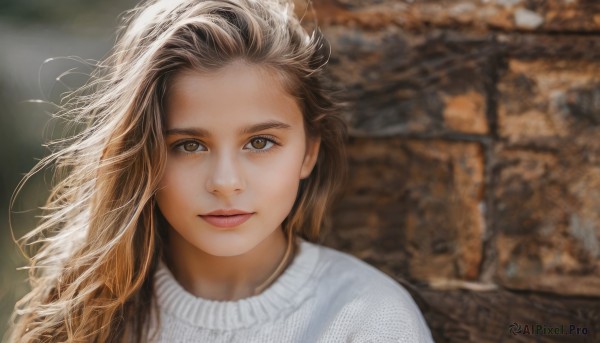 1girl,solo,long hair,looking at viewer,smile,blonde hair,brown hair,brown eyes,closed mouth,upper body,blurry,sweater,lips,depth of field,blurry background,portrait,forehead,realistic,white sweater,brick wall,outdoors,wind,messy hair,photo background