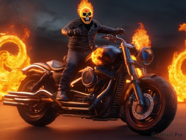 solo,looking at viewer,smile,gloves,1boy,jacket,male focus,boots,shoes,black gloves,pants,fingerless gloves,grin,black jacket,glowing,sunglasses,fire,denim,ground vehicle,motor vehicle,smoke,skull,jeans,leather,motorcycle,leather jacket,aviator sunglasses,on motorcycle,long sleeves,full body,black pants,goggles,sneakers,spikes,riding,flame