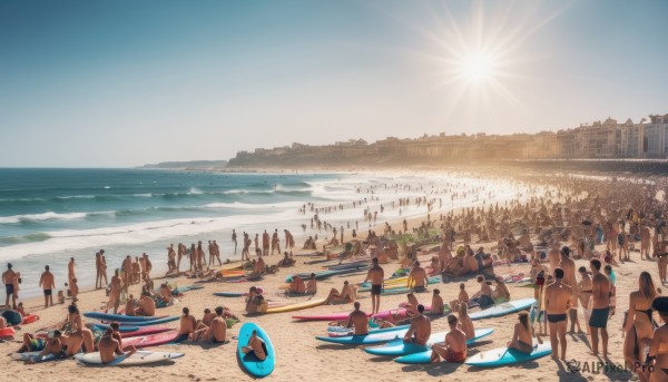 multiple girls,hat,sitting,standing,outdoors,multiple boys,sky,day,cloud,water,tree,ocean,6+girls,beach,scenery,walking,6+boys,innertube,dog,sand,sun,flag,horse,male swimwear,crowd,swim trunks,footprints,short hair,brown hair,black hair,swimsuit,shorts,blue sky,fruit,bird,sunlight,building,topless male,city,horizon,cityscape,waves,shore,seagull,surfboard