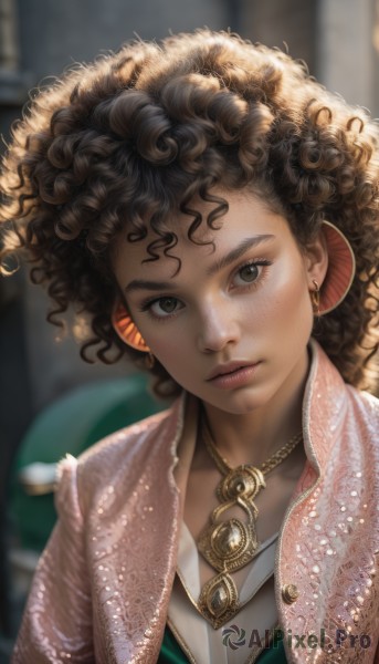 1girl,solo,long hair,looking at viewer,brown hair,black hair,brown eyes,jewelry,closed mouth,upper body,earrings,dark skin,necklace,blurry,dark-skinned female,lips,eyelashes,blurry background,freckles,curly hair,realistic,nose,very dark skin,afro,hair ornament,portrait