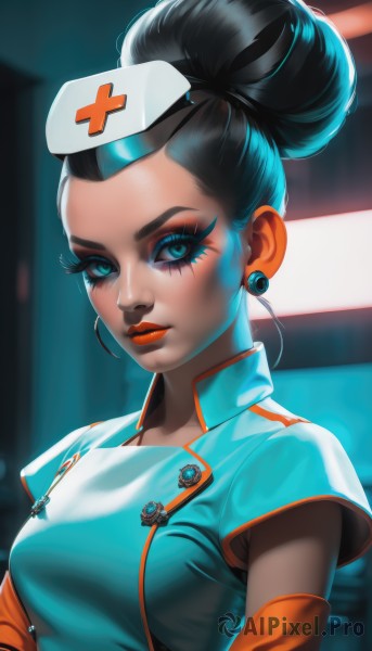 1girl,solo,breasts,looking at viewer,blue eyes,black hair,hat,dress,jewelry,medium breasts,closed mouth,upper body,short sleeves,earrings,dark skin,hair bun,aqua eyes,official alternate costume,dark-skinned female,lips,eyelashes,makeup,alternate hairstyle,single hair bun,lipstick,eyeshadow,nose,nurse cap,nurse,eyeliner,mascara,jacket,artist name,cross,red lips,updo,red cross