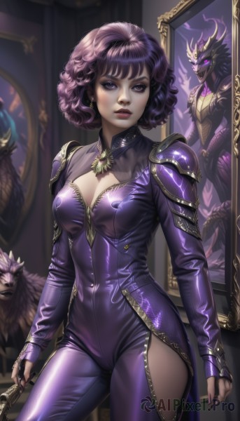 1girl,solo,breasts,looking at viewer,short hair,bangs,long sleeves,holding,cleavage,jewelry,medium breasts,standing,purple eyes,purple hair,cowboy shot,earrings,parted lips,teeth,artist name,indoors,signature,nail polish,armor,lips,fingernails,clothing cutout,bodysuit,makeup,cleavage cutout,lipstick,shoulder armor,gem,black nails,skin tight,claws,purple dress,contrapposto,curly hair,pauldrons,gold trim,high collar,mirror,realistic,nose,arms at sides,red lips,purple bodysuit,portrait (object),black hair,gloves,weapon,solo focus,shiny,fingerless gloves,watermark,zipper,shiny clothes,dragon,painting (object)