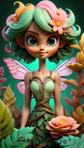 1girl,solo,looking at viewer,smile,short hair,hair ornament,dress,bare shoulders,green eyes,collarbone,pink hair,flower,multicolored hair,green hair,wings,pointy ears,hair flower,blurry,two-tone hair,lips,eyelashes,depth of field,leaf,plant,pink flower,green dress,nose,fairy wings,fairy