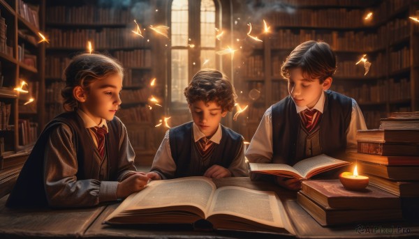 1girl,short hair,shirt,black hair,long sleeves,sitting,closed mouth,school uniform,closed eyes,white shirt,multiple boys,necktie,collared shirt,indoors,2boys,blurry,vest,book,window,table,3boys,bug,aged down,red necktie,butterfly,child,sweater vest,open book,bookshelf,reading,magic,candle,book stack,library,hogwarts school uniform,brown hair,holding,male focus,striped,looking at another,holding book,realistic,fantasy,male child,animification,striped necktie,wooden table,glowing butterfly,levitation