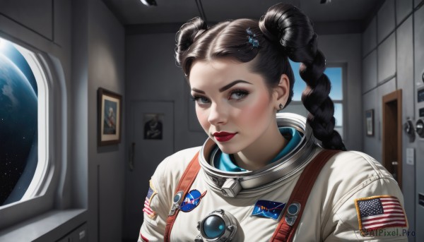 1girl,solo,long hair,looking at viewer,brown hair,black hair,hair ornament,twintails,brown eyes,jewelry,upper body,braid,earrings,indoors,hair bun,star (symbol),black eyes,twin braids,lips,double bun,makeup,lipstick,realistic,nose,red lips,space,planet,earth (planet),american flag,spacesuit,japanese flag,astronaut,hairclip,grey eyes,window,piercing,ear piercing,portrait,star (sky),space helmet