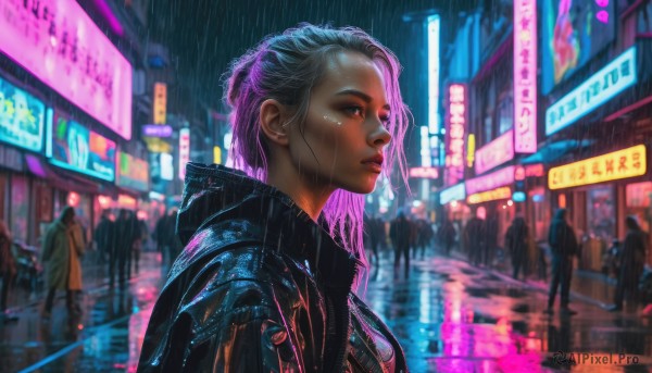 A female in a tranquil rainy outdoors