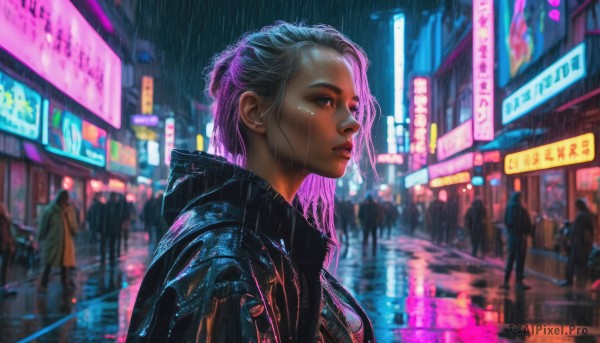 1girl, jacket, upper body, pink hair, outdoors, solo focus, blurry, lips, wet, night, blurry background, rain, city, realistic, nose, crowd, cyberpunk, neon lights