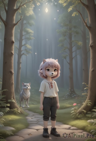 1girl,solo,looking at viewer,short hair,open mouth,bangs,shirt,1boy,ribbon,animal ears,brown eyes,standing,full body,white shirt,pink hair,flower,short sleeves,male focus,outdoors,shoes,shorts,teeth,pointy ears,belt,pants,black footwear,red ribbon,tree,neck ribbon,animal,grass,child,nature,furry,forest,male child,wolf,smile,white hair,day,black pants,sunlight,extra ears,dog,light rays,road,furry male,path