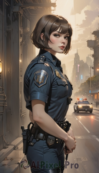 1girl,solo,breasts,looking at viewer,short hair,bangs,brown hair,shirt,brown eyes,medium breasts,standing,weapon,short sleeves,cowboy shot,outdoors,parted lips,necktie,sky,collared shirt,belt,pants,cloud,uniform,from side,lips,gun,makeup,watermark,bob cut,own hands together,blue shirt,ground vehicle,building,holding gun,motor vehicle,handgun,pocket,black belt,city,red lips,car,road,holster,badge,police,lamppost,street,police uniform,thigh holster,revolver,policewoman,police hat,holstered weapon,walkie-talkie,blush,closed mouth,black eyes,looking to the side,pouch,nose,blue pants