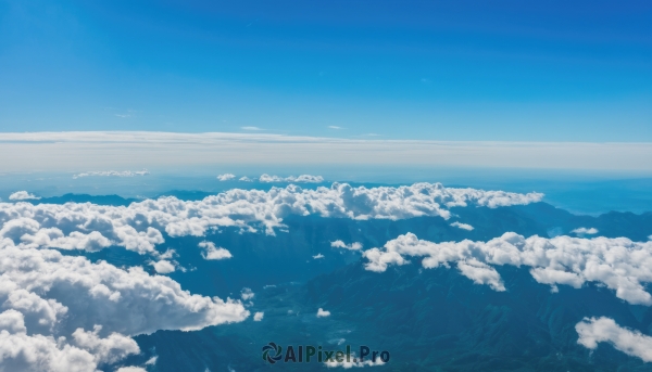 monochrome,outdoors,sky,day,cloud,water,blue sky,no humans,ocean,cloudy sky,nature,scenery,blue theme,mountain,horizon,landscape,island,above clouds,bird,forest