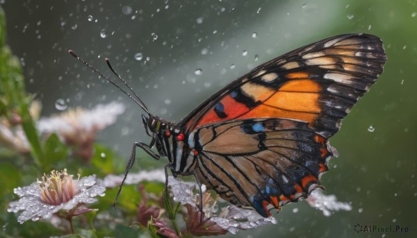 solo, flower, wings, blurry, no humans, animal, bug, butterfly, flying, water drop, antennae