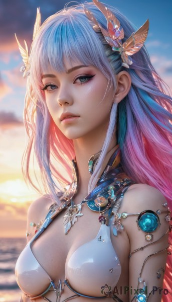 1girl,solo,long hair,breasts,looking at viewer,bangs,blue eyes,hair ornament,cleavage,jewelry,medium breasts,blue hair,swimsuit,upper body,pink hair,bikini,multicolored hair,outdoors,parted lips,sky,shiny,artist name,cloud,water,blurry,two-tone hair,lips,see-through,grey eyes,eyelashes,gradient hair,makeup,blurry background,ocean,white bikini,gem,armlet,sunset,realistic,nose,bare shoulders,earrings,small breasts,day,necklace,blue sky,cloudy sky,feathers,backlighting,feather hair ornament