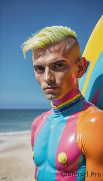 solo,looking at viewer,short hair,blonde hair,1boy,brown eyes,jewelry,closed mouth,upper body,male focus,earrings,outdoors,sky,day,dark skin,blue sky,lips,bodysuit,facial hair,ocean,beach,piercing,dark-skinned male,skin tight,multicolored clothes,realistic,nose,sand,stud earrings,undercut,surfboard,wetsuit,bangs,water,blurry background